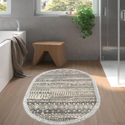 Kaymaz Taban Djt Banyo Halısı Yıldız Deri Saçaklı Oval İskandinav F5080 Gri