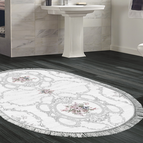 Kaymaz Taban Djt Banyo Halısı Star Pamuk Saçaklı Oval Modern 1494 Gri