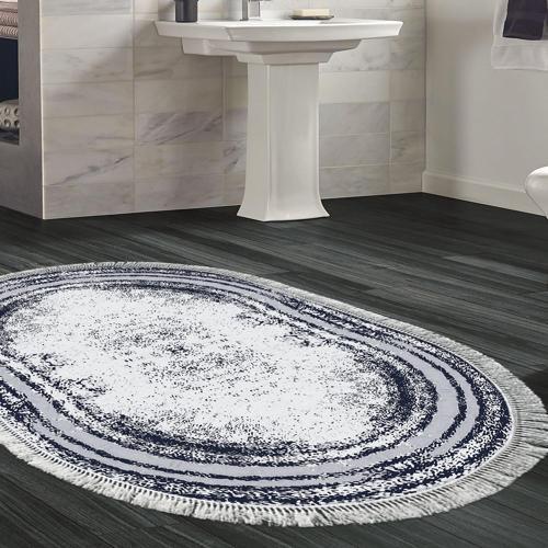 Kaymaz Taban Djt Banyo Halısı Star Pamuk Saçaklı Oval Modern M5132 Lacivert
