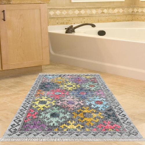 Kaymaz Taban Djt Banyo Halısı Yıldız Deri Saçaklı İskandinav F5008 Renkli