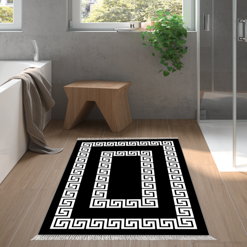 Kaymaz Taban Djt Banyo Halısı Yıldız Deri Saçaklı Modern 650M Siyah