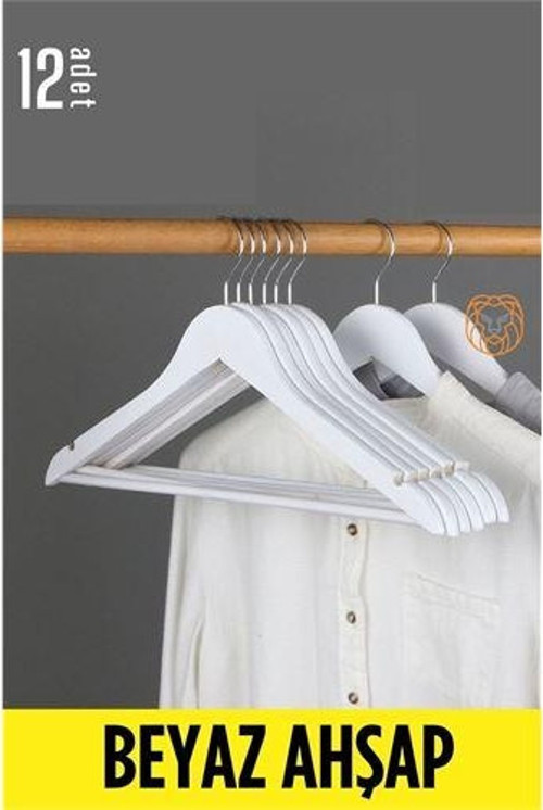 Beyaz Ahşap Elbise Askısı 12 ADET Montague Design