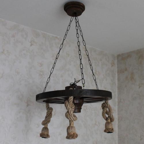 Ahşap Halatlı Teker Avize 50 cm.  3'lü
