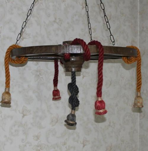 Ahşap Renkli Halatlı Teker Avize 70 cm. 5'li  Serbest Sarkıtlı