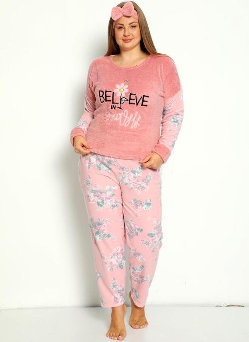 Büyük Beden Peluş Polar Pijama Takımı- Saç Bandı Hediyeli