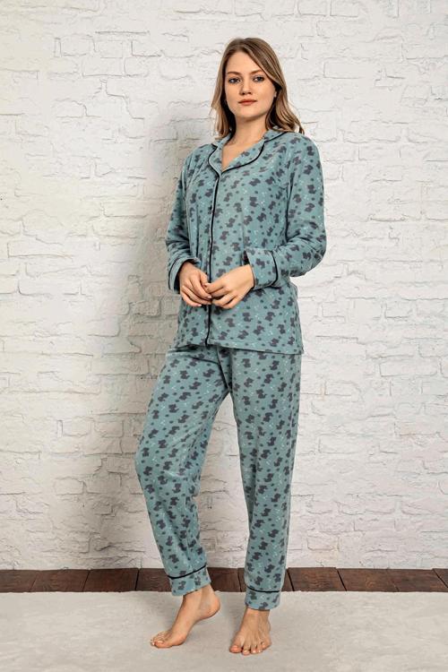 Kadın Kışlık Welsoft Peluş Polar Düğmeli Pijama Takımı