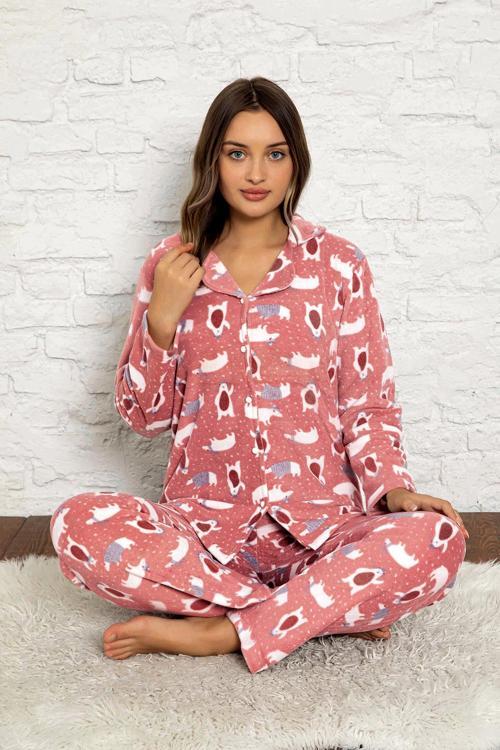 Kadın Kışlık Welsoft Peluş Polar Düğmeli Pijama Takımı