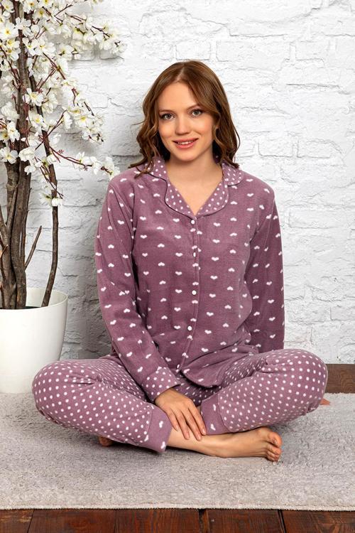 Kadın Kışlık Welsoft Peluş Polar Düğmeli Pijama Takımı