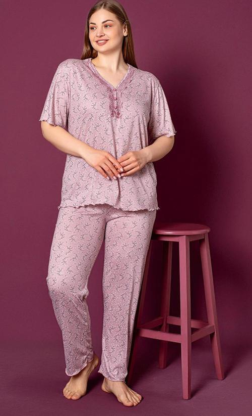 Bambu Büyük Beden Yazlık Kadın Kısa Kol Pijama Takımı
