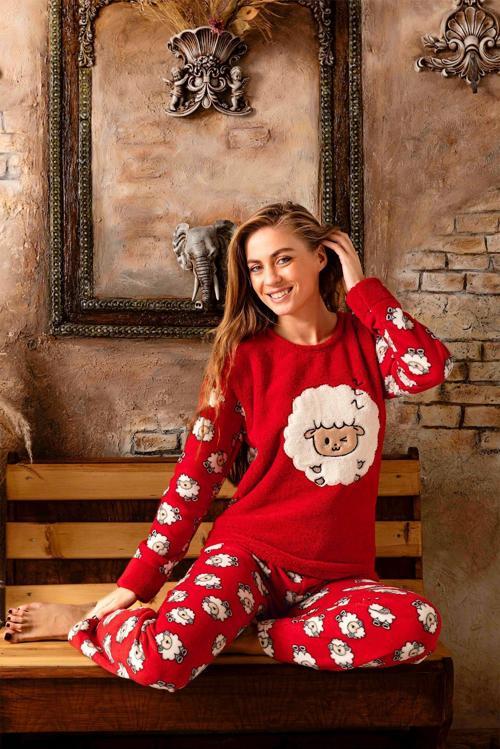 Kışlık Kadın Welsoft Polar Pijama Takımı - Yeni Yıl Pijaması