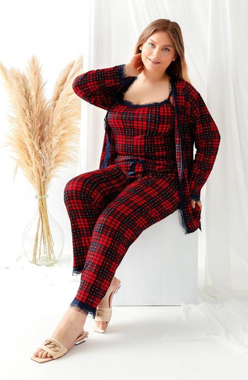 Sabahlıklı Dantel Detaylı Büyük Beden Pegasus Kadın Pijama Takımı-Çeyizlik Takım