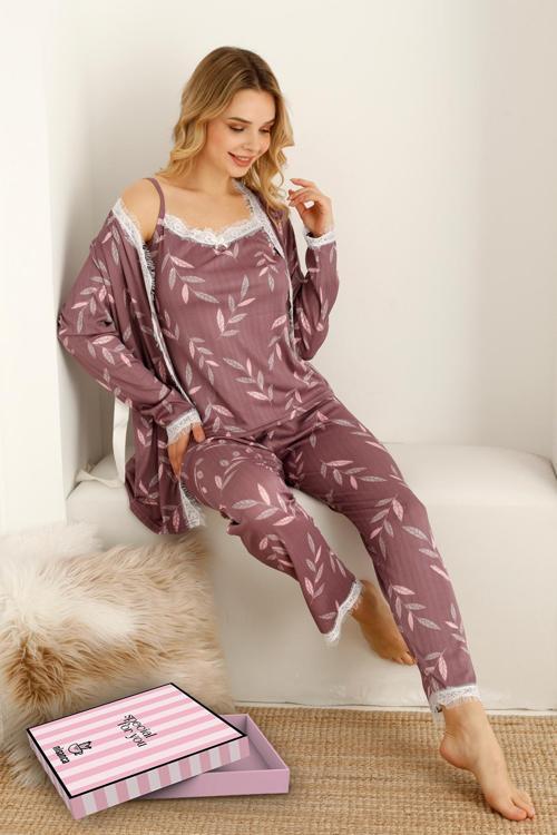 Sabahlıklıklı 3 Parça Çeyizlik Kutulu Kadın Pijama Takımı- Dantelli Kutulu Kadın Pijama- Geniş Beden Aralığı