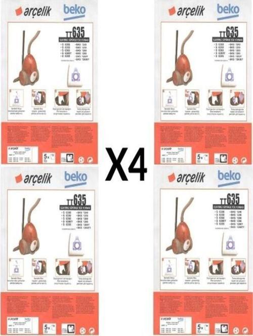 4 Paket 20 Adet Arçelik S 6255 B Süpürge Modeli 5 Adet Toz Torbası Tt635