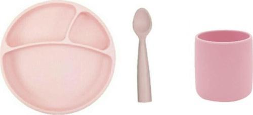 3 Lü Silikon Beslenme Seti Pembe (silikon Tabak + Bardak + Kaşık ) Tek Ebat