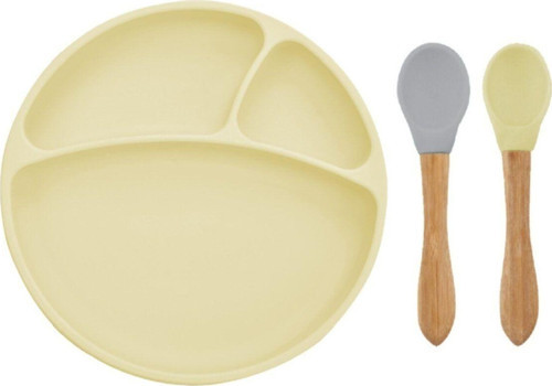 Sarı Silikon Tabak + Bambu Saplı Silikon Kaşık Tek Ebat