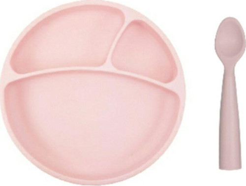Vakum Tabanlı Tabak + Kaşık 2li Set Pembe Tek Ebat