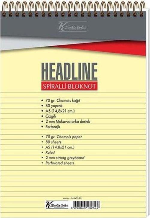 A5 80 Yaprak Çizgili Karton Kapak Spiralli Headline Bloknot