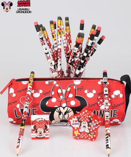DEKOMUS İLE LİSANSLI MINNIE MOUSE KALEM ÇANTASI ,2 ADET SİLGİLİ KURŞUN KALEM,SİLGİ VE YILDIZ Kalemtıraş SETİ