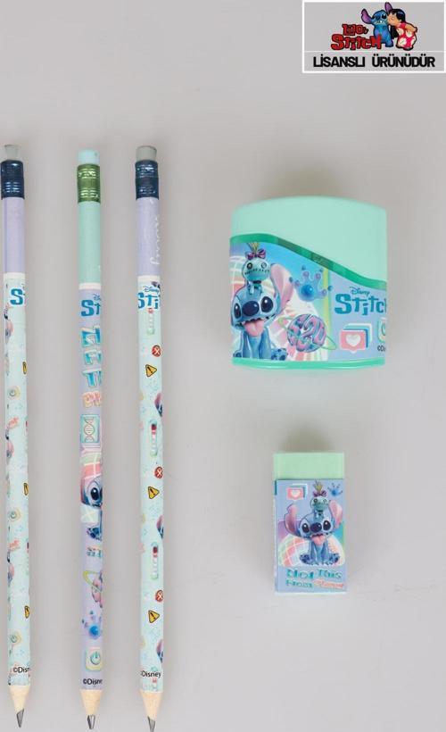 LİSANSLI STITCH 3 ADET SİLGİLİ KURŞUN KALEM , SİLGİ VE ÇİFT BIÇAKLI Kalemtıraş KIRTASİYE SETİ