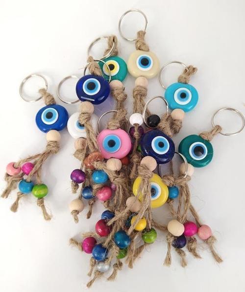 Nazar Boncuk Anahtarlık 10 Adet Karışık Renkli Kötü Göz Kovucu Nazar Hand Made Hasır Renkli Ahşap Boncuklu Nazarlı 