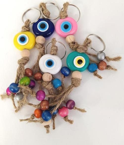 Nazar Boncuk Anahtarlık 5 Adet Karışık Renkli Kötü Göz Kovucu Nazar Hand Made Hasır Renkli Ahşap Boncuklu Nazarlı Anahta