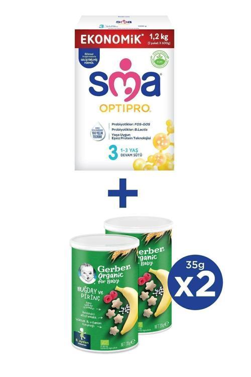 OPTIPRO 3 Devam Sütü 1.2kg (2x600g) + GERBER ORGANIC Buğday, Pirinç, Muz ve Ahududulu Atıştırmalık 2x35g