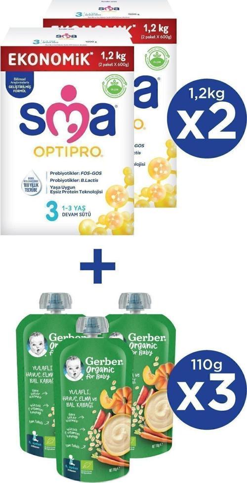 OPTIPRO 3 1-3 yaş Devam Sütü 2x1200g + GERBER ORGANIC Yulaflı, Hav., Elm., Balkab. Püresi 3x110g