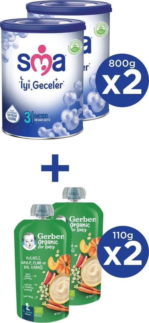İYİ GECELER 3 1-3 yaş Devam Sütü 2x800g + GERBER ORGANIC Yulaflı, Hav., Elm., Balkab. Püresi 2x110g