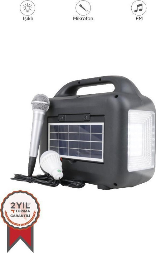 KTS-1769 Mikrofon,1 Led Ampül ve Fenerli Bluetooth Hoparlör Güneş Panelli Powerbank Kamp Hoparlörü