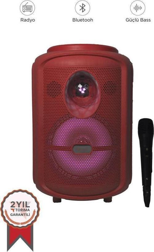 KTS-2111 Kırmızı RGB Ledli Mikrofonlu Tekerlekli Bluetooth Hoparlör Speaker