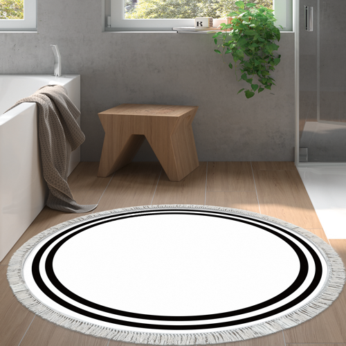 Eko Trend DJT Banyo Paspası Yıkanabilir Kaymaz Taban 1696 Yuvarlak Bordürlü Beyaz Siyah