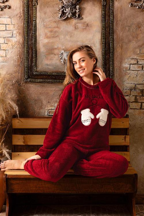Tam Peluş Kışlık Kadın Pijama Takımı- Polar Yılbaşı Pijaması