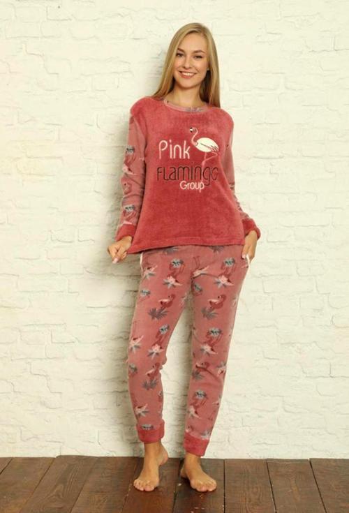 Kışlık Uzun Kollu Bayan Peluş Polar Pijama Takımı İpeksi Doku