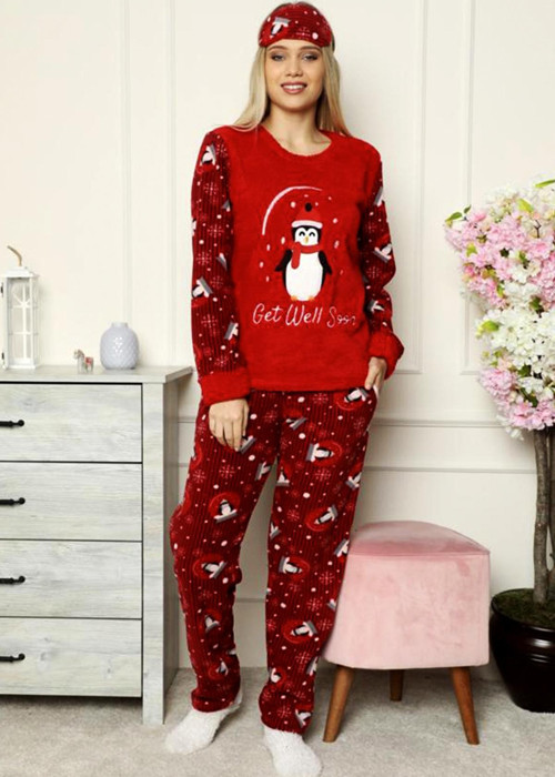 Desenli Peluş Polar Uzunkollu Kışlık Bayan Pijama Takımı