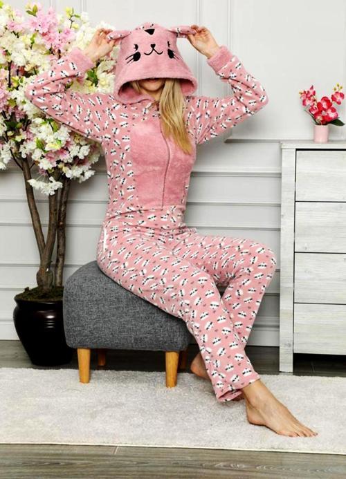 Kışlık Bayan Polar Peluş Tulum Pijama Takımı