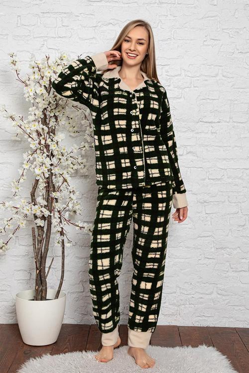 Desenli Tam Peluş Kışlık Yılbaşı Kadın Pijama Takımı