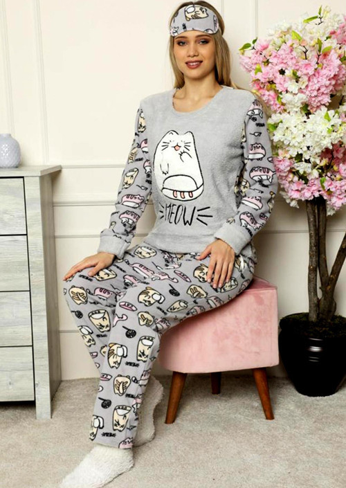 Desenli Peluş Polar Uzunkollu Kışlık Bayan Pijama Takımı