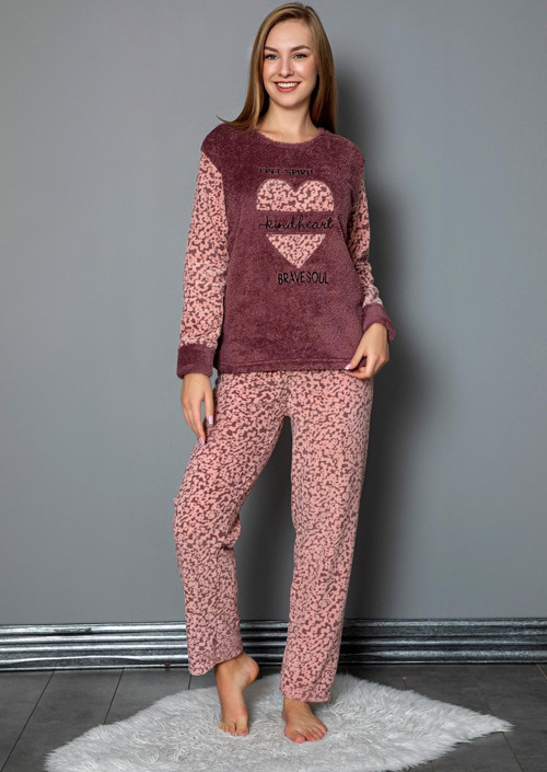 Kışlık Uzun Kollu Bayan Peluş Polar Pijama Takımı İpeksi Doku