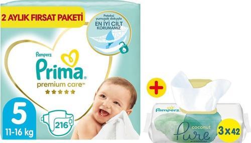 Bebek Bezi Premium Care 5 Beden 216'lı 2 Aylık Fırsat Paket + Pure 3'lü Islak Havlu 126 Yaprak