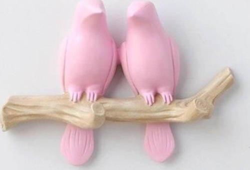 Dekoratif Ikili Modern Duvar Askılık Dal Üstünde Kuş Dekor Pembe-150 x 200
