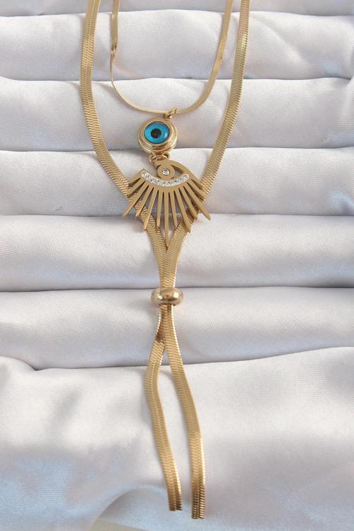 316L Çelik Gold Renk Zirkon Taşlı Göz Detay Nazarlı Uzun Asansör Model Kolye - TJ-BKO8962