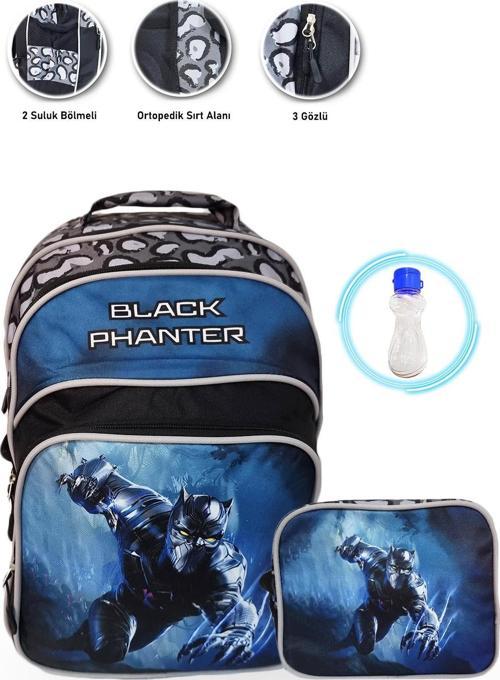 Pulo Black Panter Okul Çantası + Beslenme + Suluk - Kara Panter Çanta Erkek İlkokul Çantası