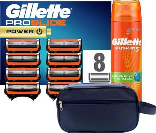 Proglide Power 8 li Tıraş Bıçağı Karton Paket + Fusion 200 ML Jel + Seyahat Çantası