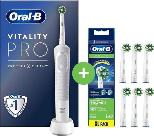 D103 Vitality Pro Şarjlı Diş Fırçası Beyaz + Cross Action 6’lı Diş Fırçası Yedek Başlığı