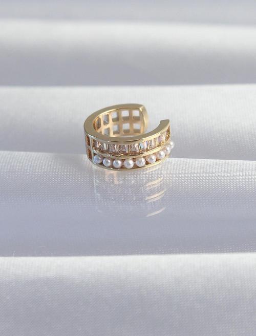 Pirinç Gold Renk İncili Baget Taşlı Earcuff Küpe - TJ-BKP9339