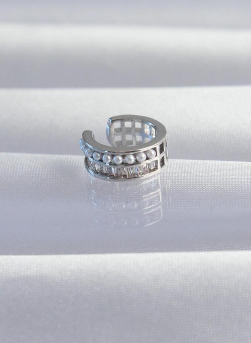 Pirinç Gümüş Renk İncili Baget Taşlı Earcuff Küpe - TJ-BKP9338