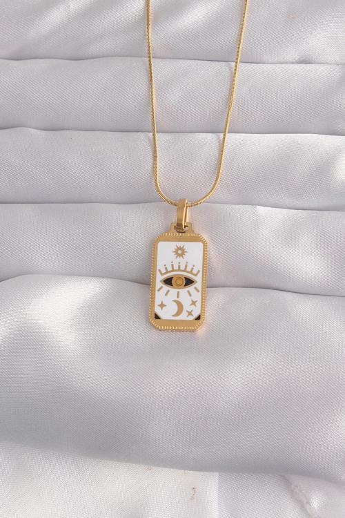 316L Çelik Gold Renk Beyaz Mineli Göz Figür Tarot Kolye - TJ-BKO9037