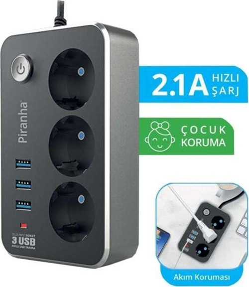 Akım Korumalı 3 USB'li Uyumlu Uzatma Kablosu Siyah