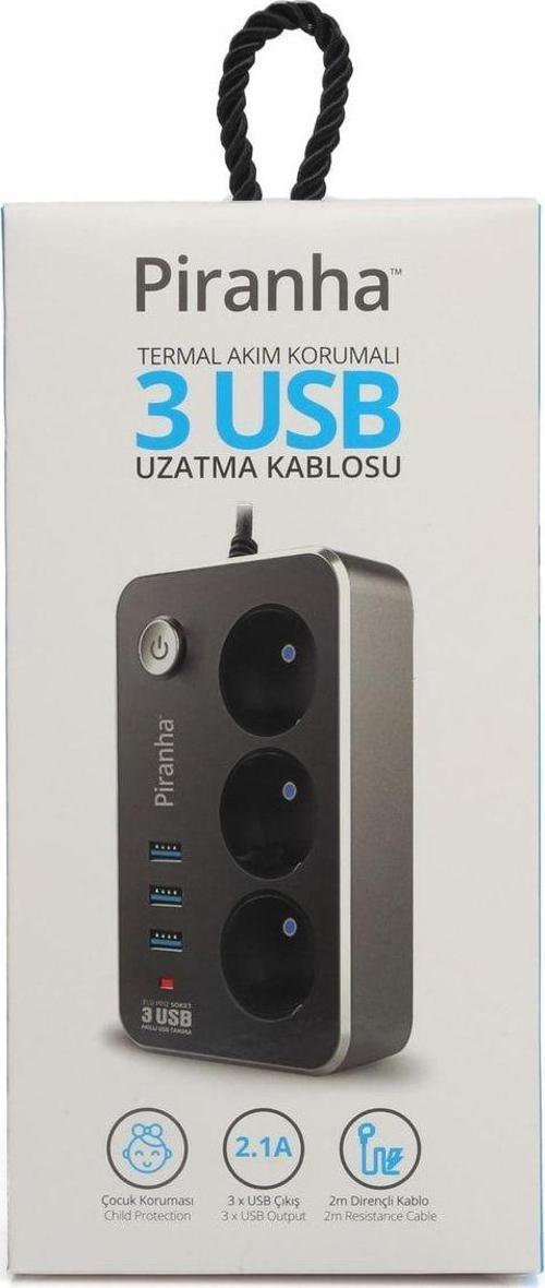 Termal Akım Korumalı Uzatma Kablosu 3'lü Priz 3 Usb'li Beyaz