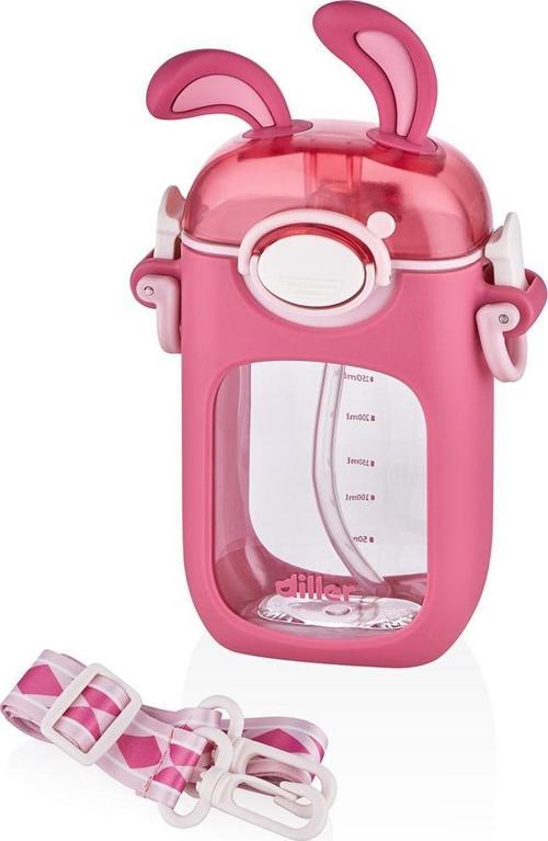 Tavşan Kulaklı Pipetli Tritan Su Matarası Pembe 400 ml